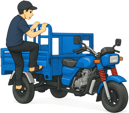 Chàng trai, leo lên, đàn ông, xe ba gác, màu xanh dương, nón lưỡi trai, dép lê, xe máy, chở hàng, boy, climbing up, man, three-wheeled motorbike, blue, baseball cap, flip flops, motorbike, transport