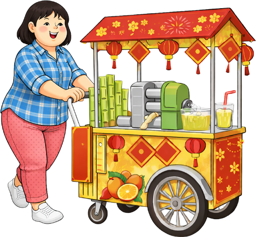 Cô gái, đẩy xe, phụ nữ, xe nước mía, cười, tết, lồng đèn, hoa mai, máy ép nước mía, trang trí tết, girl, pushing cart, woman, sugarcane juice cart, smiling, lunar new year, lantern, apricot blossom, sugarcane press, tet decoration