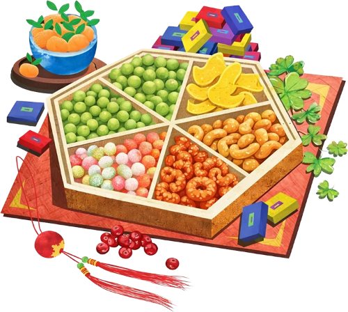 Khay mứt tết, hộp quà, kẹo màu, hạt điều, tết nguyên đán, lễ hội, rực rỡ, may mắn, lục giác, vietnamese jam box, gift box, colorful candy, cashew nuts, lunar new year, festival, vibrant, lucky, hexagon