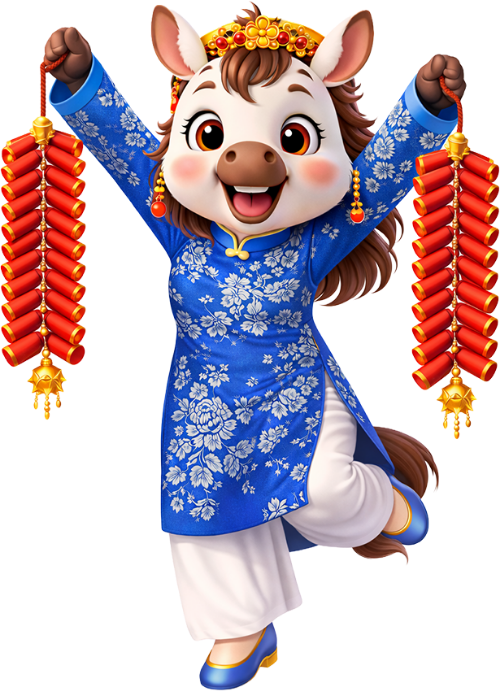 Ngựa, cầm pháo, trang phục áo dài, pháo đỏ, nổ pháo, lễ hội, vui mừng, tết nguyên đán, horse, holding firecrackers, ao dai costume, red firecrackers, exploding firecrackers, festival, joyful, lunar new year