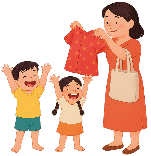 Bà mẹ, tặng quần áo, trẻ em, túi xách, quần áo, vui vẻ, mother, giving clothes, children, handbag, clothes, happy