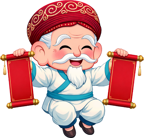 Ông bụt, cầm hai cuốn thư, cổ tích, râu trắng, tóc bạc, khăn xếp, áo dài, tết nguyên đán, vui vẻ, hạnh phúc, đỏ và trắng, Buddha, holding two scrolls, fairy tale, white beard, grey hair, traditional turban, ao dai, lunar new year, happy, joyful, red and white