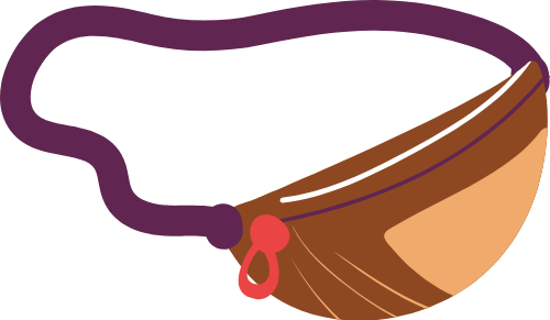 Túi bao tử, túi đeo hông, màu nâu, dây đeo tím, khóa đỏ, thời trang, năng động, fanny pack, waist bag, brown, purple strap, red zipper, fashion, active