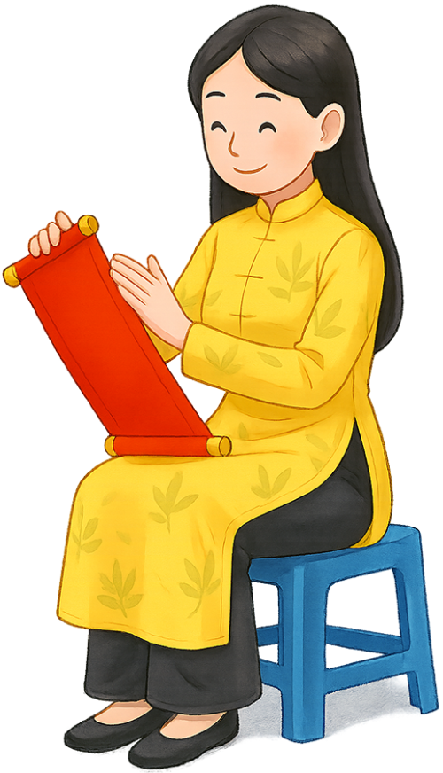 Cô gái, mỉm cười, phụ nữ, áo dài, cuộn giấy đỏ, ngồi, ghế nhựa, tết, girl, smiling, woman, ao dai, red scroll, sitting, plastic stool, tet