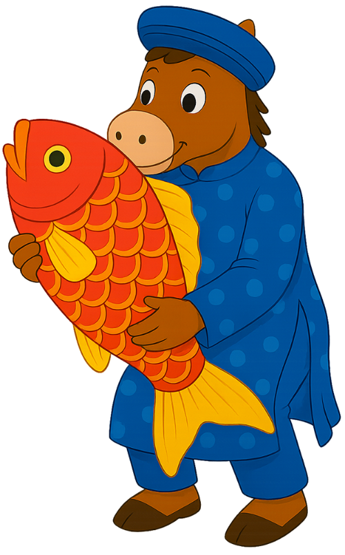 Ngựa, ôm cá, cá chép, tết, áo dài, khăn xếp, cúng ông công ông táo, horse, holding fish, carp, tet, ao dai, turban, offering to kitchen gods