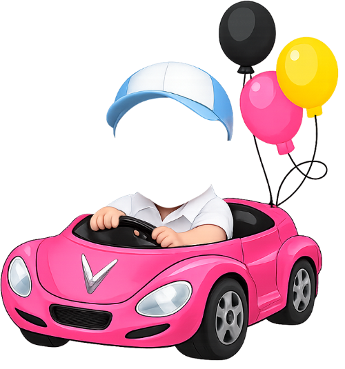 Em bé, lái xe, bé trai, ô tô hồng, mũ lưỡi trai, bóng bay, vô lăng, áo trắng, đồ chơi, baby, driving, baby boy, pink car, baseball cap, balloons, steering wheel, white shirt, toy