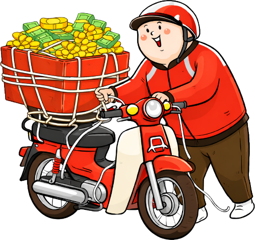 Chàng trai, dắt xe máy, đàn ông, thùng tiền, tiền giấy, tiền xu, mũ bảo hiểm, chở hàng, nặng, tết, giàu có, boy, pushing scooter, man, money box, banknote, coins, helmet, carrying goods, heavy, tet holiday, wealthy