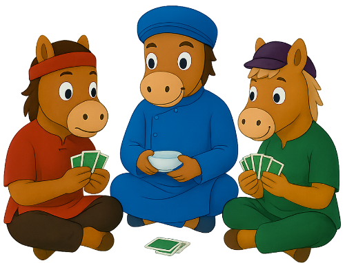 Ba chú ngựa, chơi bài, ngày tết, trang phục truyền thống, three horses, playing cards, tet holiday, traditional costume
