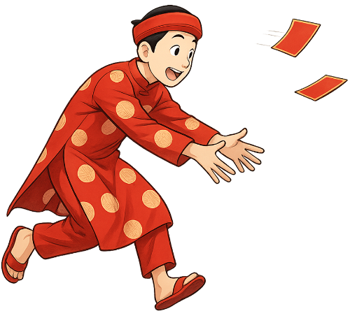 Chàng trai, chạy, đàn ông, áo dài tết, mấn, dép lê, màu đỏ, tết nguyên đán, lì xì, young man, running, man, tet ao dai, khan dong, slippers, red color, tet, lucky money