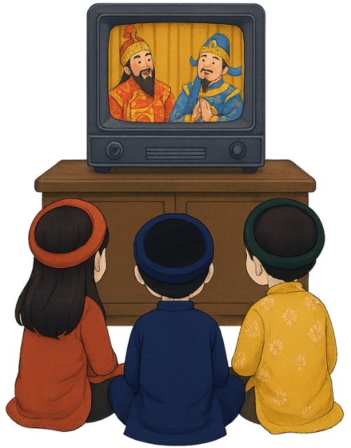 Trẻ em, xem tivi, tết nguyên đán, trang phục truyền thống, áo dài, tủ, tivi, táo quân, children, watching tv, lunar new year, traditional costume, ao dai, cabinet, television