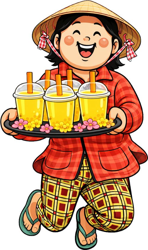 Bà cô, đang bê khay nước, phụ nữ, nón lá, áo sơ mi kẻ caro đỏ, trà sữa, cốc nhựa, ống hút, hoa vàng hồng, vui vẻ, chạy bộ, dép lê, middle-aged woman, carrying a tray of drinks, woman, conical hat, red plaid shirt, bubble tea, plastic cups, straws, pink and yellow flowers, happy, running, flip flops