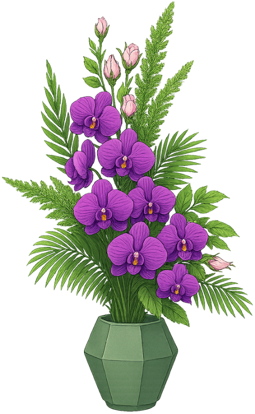 Hoa lan, bó hoa, hoa tím, cây cảnh, lá xanh, bình hoa, trang trí, phalaenopsis, orchid flower, bouquet, purple flower, potted plant, green leaves, vase, decoration