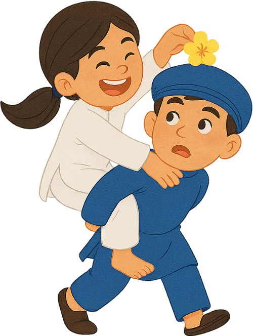 Cô gái và chàng trai, cõng nhau, trang phục truyền thống, hoa mai, vui vẻ, girl and boy, carrying each other, traditional costume, ochna integerrima flower, happy