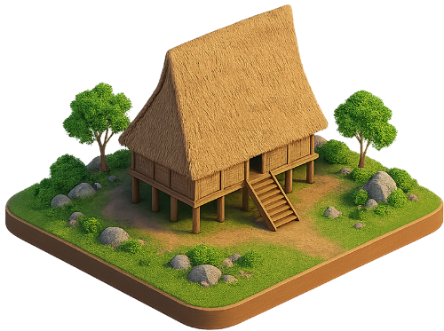 Mô hình, nhà sàn, nhà truyền thống, dân tộc, mái tranh, cầu thang, cây cối, đá, model, stilt house, traditional house, ethnic group, thatched roof, stairs, trees, rocks