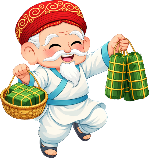 Ông bụt, xách bánh, cổ tích, bánh chưng, bánh tét, giỏ tre, tết nguyên đán, quà tết, vui mừng, nhảy múa, fairy godfather, carrying cakes, fairy tale, banh chung, banh tet, bamboo basket, lunar new year, tet gift, joyful, dancing
