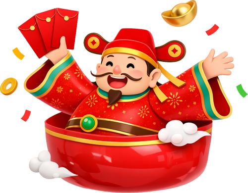 Thần tài, ngồi trong túi tiền lớn, đàn ông, bao lì xì, thỏi vàng, tết, tài lộc, chúc mừng, God of wealth, sitting in a big money bag, man, red envelopes, gold ingot, lunar new year, fortune, congratulating