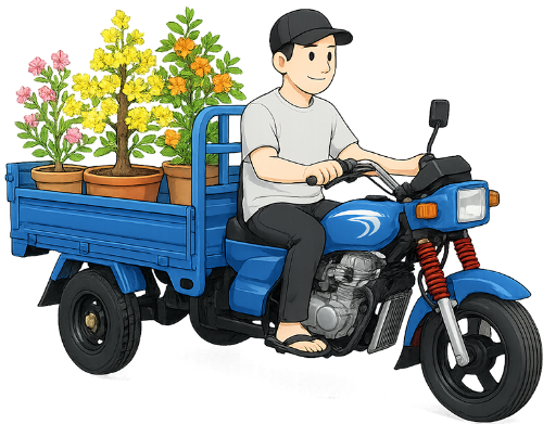 Chàng trai, lái xe, đàn ông, xe ba gác, chở cây, cây hoa, chậu cây, màu xanh dương, màu vàng, nón lưỡi trai, dép lê, boy, driving, man, three-wheeled motorbike, carrying plant, flower tree, potted plant, blue, yellow, baseball cap, flip flops
