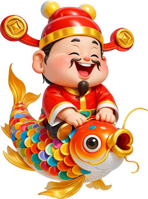 Thần tài, cưỡi cá chép, đàn ông, cá chép, thỏi vàng, tết, may mắn, tài lộc, vui vẻ, God of wealth, riding a carp, man, carp, gold ingot, lunar new year, luck, fortune, happy