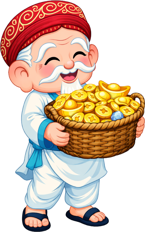 Ông bụt, bưng rổ tiền, cổ tích, tiền vàng, thỏi vàng, rổ mây, nụ cười, râu trắng, trang phục cổ truyền, god of wealth, holding money basket, fairy tale, gold coins, gold ingots, wicker basket, smiling, white beard, traditional costume 3