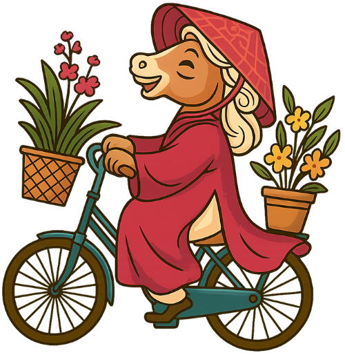 Ngựa, đạp xe, chở hoa, hoa, xe đạp, tết, nón lá, áo dài, horse, cycling, carrying flowers, flower, bicycle, tet, conical hat, ao dai