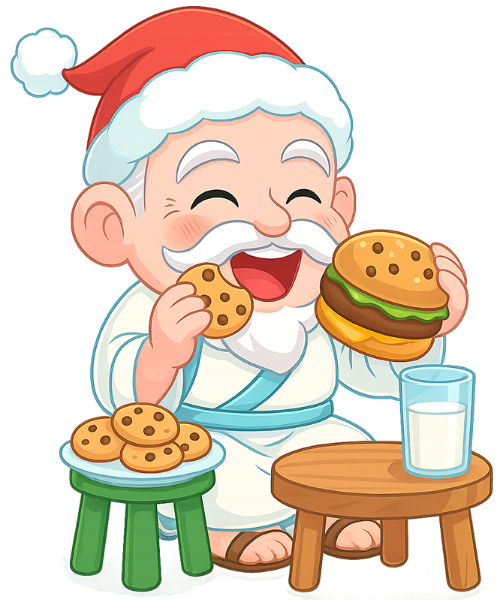 Ông bụt, ăn uống, cổ tích, giáng sinh, mũ giáng sinh, bàn, bánh quy, sữa, hamburger, the good spirit, eating, fairy tale, christmas, santa hat, table, cookies, milk, hamburger