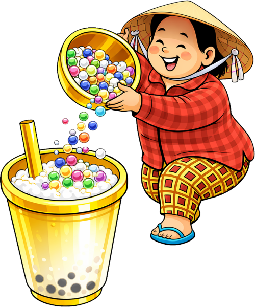 Bà cô, đang đổ trân châu màu sắc, phụ nữ, nón lá, áo sơ mi kẻ caro đỏ, hạt trân châu, ly trà sữa khổng lồ, bọt tuyết, vui vẻ, middle-aged woman, pouring colorful pearls, woman, conical hat, red plaid shirt, tapioca pearls, giant bubble tea cup, foam, happy