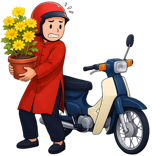 Chàng trai, bối rối, đàn ông, áo dài, mũ bảo hiểm, xe máy, hoa cúc, chậu hoa, lo lắng, tết, mùa xuân, chàng trai việt nam, boy, confused, man, ao dai, helmet, motorbike, chrysanthemum, flower pot, worried, tet, spring, vietnamese boy