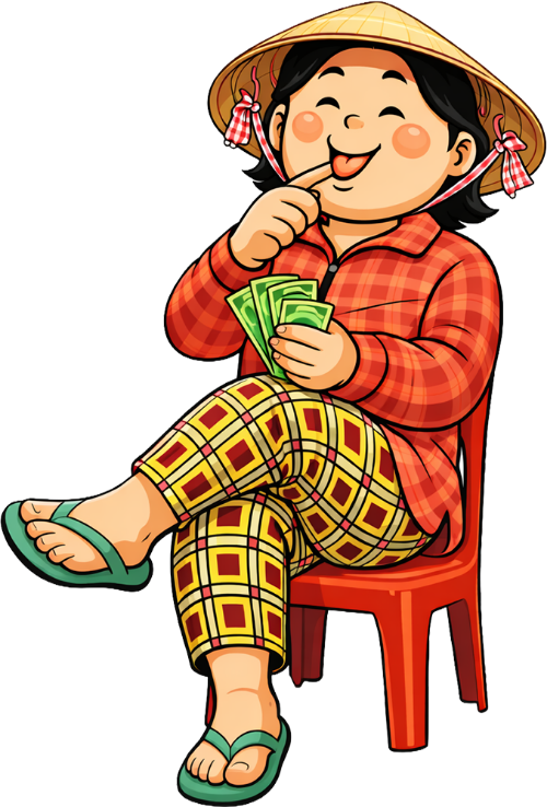 Bà cô, đang ngồi đếm tiền, phụ nữ, nón lá, áo sơ mi kẻ caro đỏ, quần họa tiết, ghế nhựa đỏ, tiền giấy, vui vẻ, hạnh phúc, dép lê, middle-aged woman, sitting and counting money, woman, conical hat, red plaid shirt, patterned pants, red plastic chair, banknotes, happy, joyful, flip flops 6