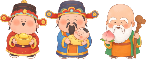 Ông phúc ông lộc ông thọ, đứng cạnh nhau, ông cụ, thỏi vàng, em bé, quả đào, gậy gỗ, trang phục truyền thống, fuk luk sau, standing together, old man, gold ingot, baby, peach, walking stick, traditional costume