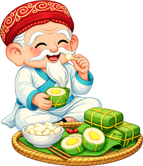 Ông bụt, ngồi ăn, cổ tích, bánh chưng, mâm cỗ, tết cổ truyền, dưa hành, ẩm thực Việt Nam, god of wealth, eating, fairy tale, sticky rice cake, food tray, traditional lunar new year, pickled onions, Vietnamese cuisine