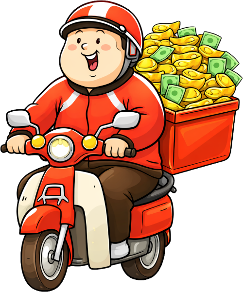 Chàng trai, lái xe máy, đàn ông, thùng vàng, thỏi vàng, tiền giấy, mũ bảo hiểm, giàu có, vận chuyển, tài lộc, boy, riding scooter, man, gold box, gold ingot, banknote, helmet, wealthy, delivery, fortune