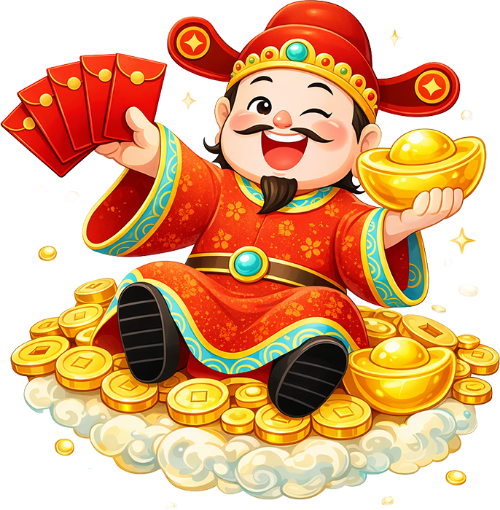 Thần tài, cầm bao lì xì và thỏi vàng, đàn ông, ngồi trên đống tiền xu, mây trắng, trang phục đỏ, nụ cười, may mắn, tết nguyên đán, god of wealth, holding red envelopes and gold ingots, man, sitting on gold coins, white clouds, red costume, smiling, lucky, lunar new year 8