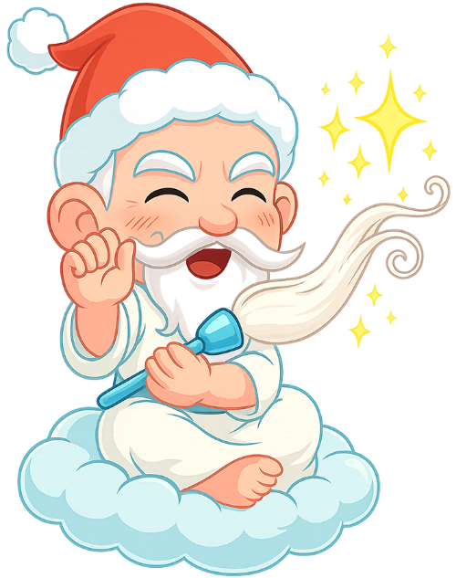 Ông bụt, kiểm tra phép thuật, cổ tích, giáng sinh, mũ giáng sinh, mây, phất trần, the good spirit, checking magic, fairy tale, christmas, santa hat, cloud, whisk