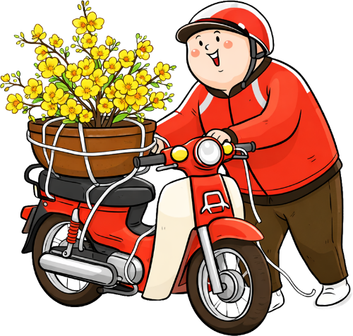 Chàng trai, dắt xe máy, đàn ông, hoa mai, chậu cây, tết nguyên đán, mũ bảo hiểm, vận chuyển, màu vàng, hoa xuân, boy, pushing scooter, man, apricot blossom, flower pot, lunar new year, helmet, delivery, yellow, spring flower