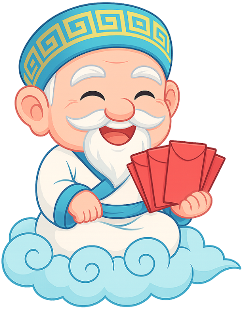 Ông bụt, cầm lì xì, ông cụ, thần may mắn, bao lì xì, phong bì đỏ, tết, năm mới, truyền thống, mây, old wise man, holding lucky money, old man, god of fortune, lucky money, red envelope, tet, new year, traditional, cloud