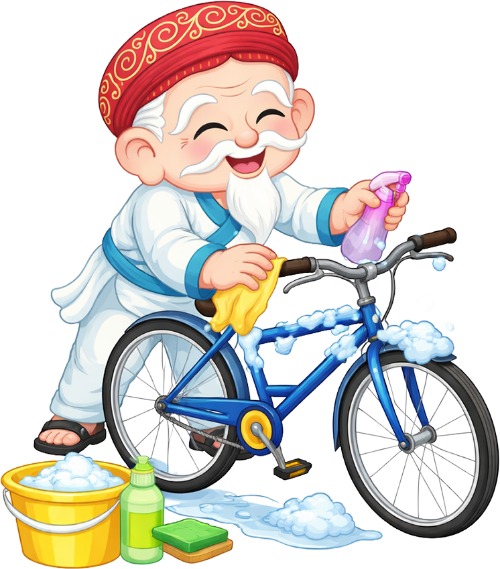 Ông bụt, lau chùi, cổ tích, dọn dẹp, xe đạp, xà phòng, bình xịt, xô nước, chuẩn bị tết, chăm chỉ, old fairy, cleaning, fairy tale, tidying up, bicycle, soap, spray bottle, bucket, tet preparation, diligent