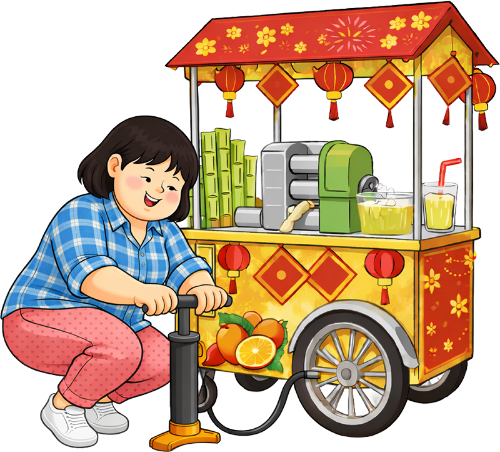 Cô gái, bơm bánh xe, phụ nữ, xe nước mía, ống bơm tay, tết, lồng đèn, máy ép nước mía, áo kẻ xanh, girl, pumping tire, woman, sugarcane juice cart, hand pump, lunar new year, lantern, sugarcane press, blue plaid shirt