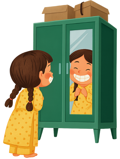 Cô bé, ngắm mình trong gương, tủ quần áo, em bé, áo dài, cười, gương, tủ, màu xanh lá, màu vàng, girl, looking in the mirror, wardrobe, baby, ao dai, smiling, mirror, cabinet, green, yellow