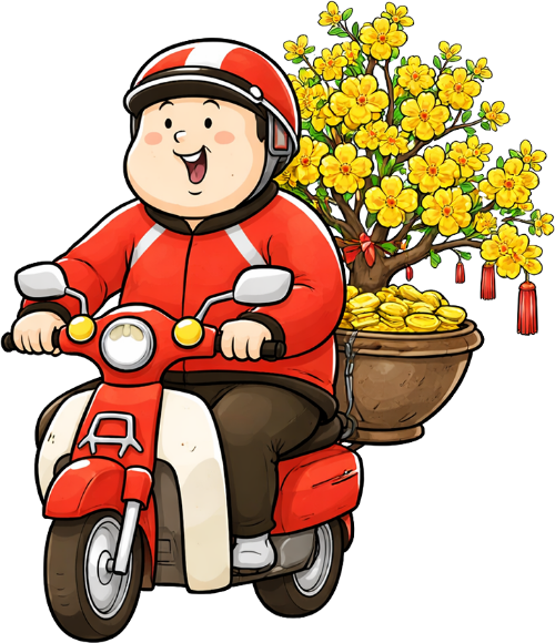Chàng trai, lái xe máy, đàn ông, hoa mai, chậu cây, tiền vàng, tết nguyên đán, mũ bảo hiểm, vận chuyển, giao hàng, boy, riding scooter, man, apricot blossom, flower pot, gold coins, lunar new year, helmet, delivery, shipping