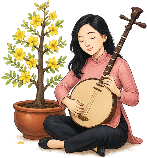 Cô gái, chơi đàn, phụ nữ, áo dài, đàn nguyệt, ngồi, chậu mai, cây mai, hoa mai, girl, playing musical instrument, woman, ao dai, dan nguyet, sitting, apricot pot, apricot tree, apricot blossom