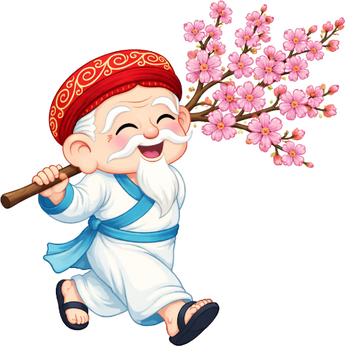 Ông bụt, đi bộ, cổ tích, hoa đào, tết nguyên đán, mùa xuân, nụ cười, râu trắng, trang phục truyền thống, old fairy, walking, fairy tale, peach blossom, lunar new year, spring, smile, white beard, traditional costume