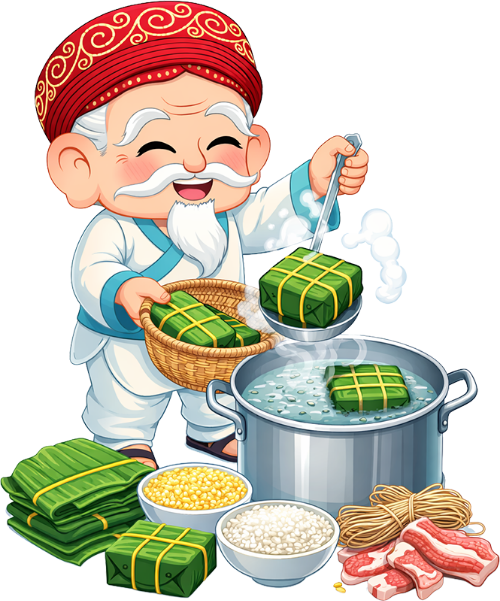 Ông bụt, vớt bánh chưng, cổ tích, nồi luộc bánh, bếp lửa, gạo nếp, đỗ xanh, thịt lợn, lá dong, tết cổ truyền, chuẩn bị tết, fairy godfather, taking out banh chung, fairy tale, boiling pot, wood stove, sticky rice, mung beans, pork, dong leaves, traditional tet, tet preparation