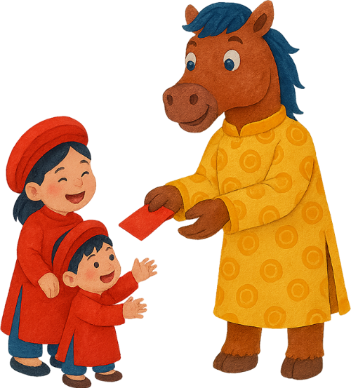 Ngựa, lì xì, trẻ em, tết nguyên đán, áo dài, phong bao lì xì, horse, giving lucky money, children, vietnamese lunar new year, ao dai, red envelope