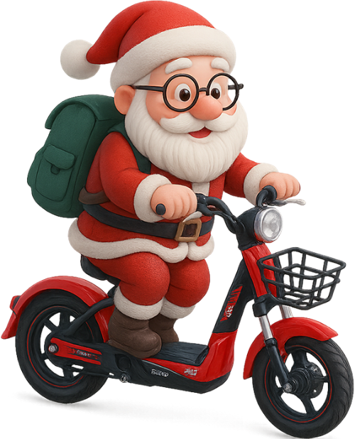 Ông già noel, lái xe, trang phục ông già noel, xe đạp điện, ba lô, santa claus, riding a bike, santa claus outfit, electric bicycle, backpack