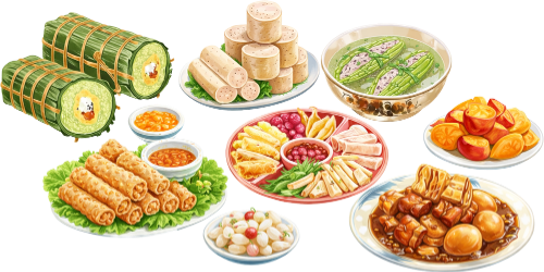 Mâm cơm tết, món ăn truyền thống, bánh chưng, thịt kho tàu, canh khổ qua, chả lụa, dưa món, tết nguyên đán, ẩm thực việt nam, lunar new year meal, traditional food, sticky rice cake