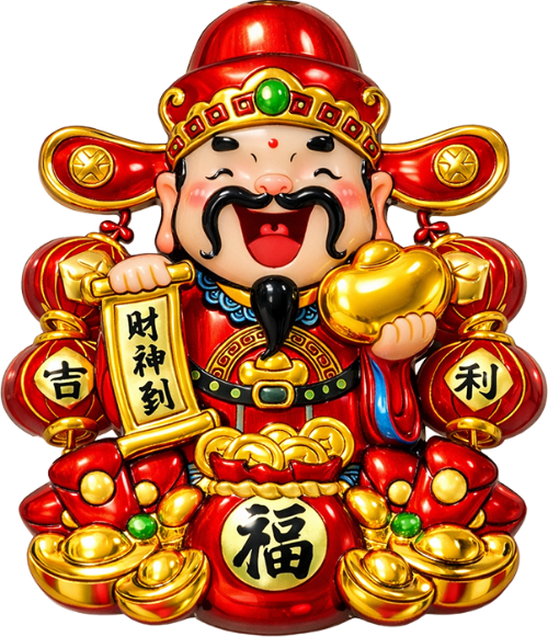 Thần tài, cười tươi, đàn ông, cuốn thư, túi lộc, thỏi vàng, lồng đèn đỏ, chữ hán, trang trí tết, god of fortune, big smile, man, scroll, fortune bag, gold ingot, red lantern, chinese characters, lunar new year decoration