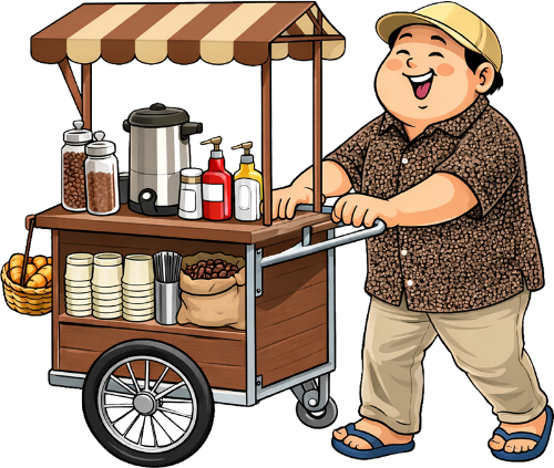Chàng trai, đẩy xe cà phê, đàn ông, xe gỗ, xe đẩy, hũ cà phê, hạt cà phê, ly giấy, giỏ bánh mì, nón kết, áo hoa, dép tông, đi bộ, coffee seller, pushing coffee cart, man, wooden cart, trolley, coffee jars, coffee beans, paper cups, bread basket, baseball cap, floral shirt, flip flops, walking