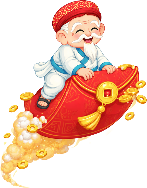 Ông bụt, cưỡi bao lì xì, cổ tích, tiền vàng, may mắn, tết nguyên đán, bay, tài lộc, trang trí, vui vẻ, old fairy, riding red envelope, fairy tale, gold coins, lucky, lunar new year, flying, fortune, decoration, happy