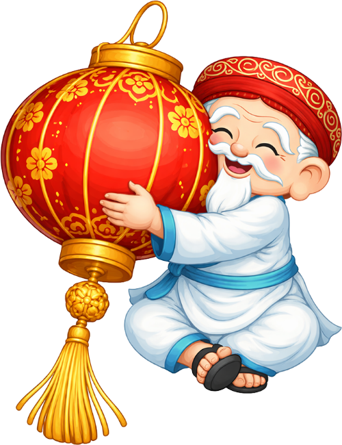 Ông bụt, ôm đèn lồng, cổ tích, đèn lồng đỏ, hoa văn vàng, râu trắng, cười tươi, tết trung thu, lễ hội, may mắn, Buddha, hugging lantern, fairy tale, red lantern, gold pattern, white beard, smiling, mid autumn festival, festival, lucky