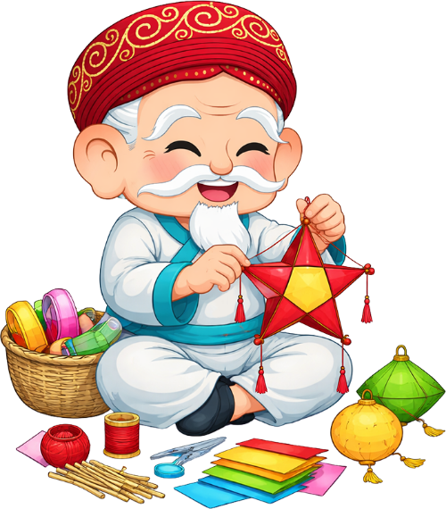 Ông bụt, làm đèn ông sao, cổ tích, thủ công, tết trung thu, tre, giấy màu, giỏ đồ nghề, kéo, sợi chỉ, Buddha, making star lantern, fairy tale, handicraft, mid autumn festival, bamboo, colored paper, tool basket, scissors, thread